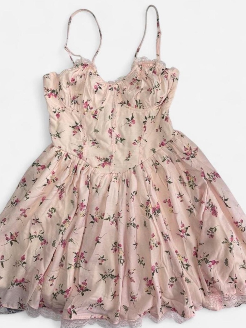 Thirty Thirty Pink Floral Lace Corset Style Mini Dress - Size L - Lace-Up Back